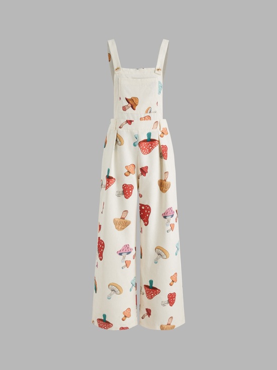 Cider Pants - Cider Cream Mushroom Print Wide-Leg Overalls Jumpsuit
